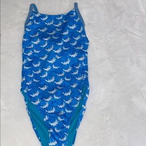 blue and white wave dolphin bathing suit